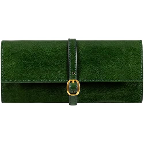 Image of Time Resistance Leather Jewelry Roll - Full Grain Leather Travel Jewelry Case - Jewellery Organizer Made in Italy (Green)