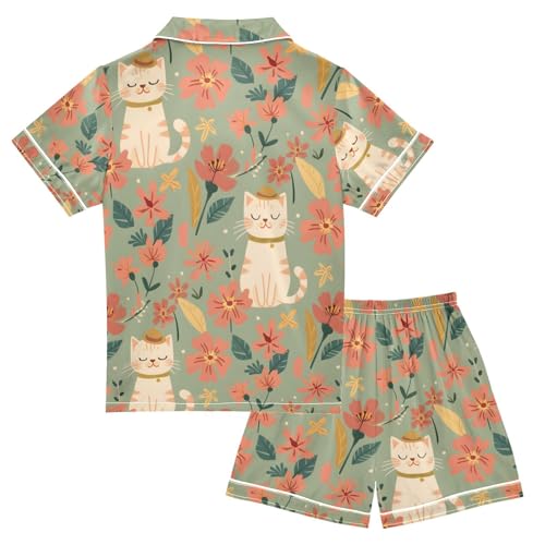 ALAZA Cartoon Cat Flower Animal Pajamas Satin Pajama Set Short Sleeve Button Down Sleepwear2