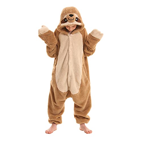 SimZoo Kids Animal Pajamas Boy Girls Sloth Cosplay Costume Sleepwear One-Piece Unisex Homewear 12-13Y Brown