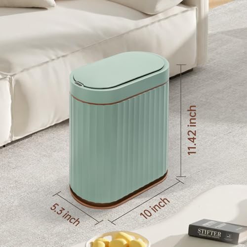 Image of ELPHECO Plastic Touchless Trash Can, Small, Gold, Motion-Sensor, Rectangular, Bathroom, Bedroom, Kitchen, Office (Sage Green, 2 Gallons)