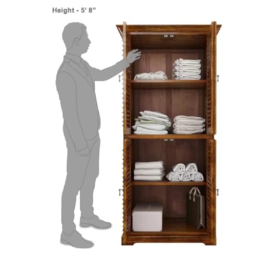 Image of Sheesham Wood Wardrobe with 2 Door and 4 Shelves Storage for Bedroom Wooden Almirah for Clothes for Living Room Bedroom Home, Solid Wood Furniture (Teak Finish)