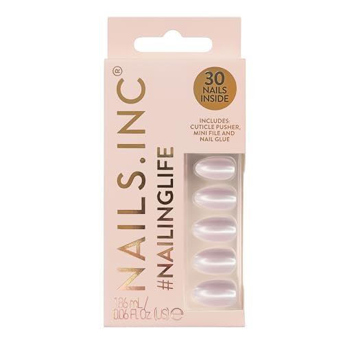 Nails Inc #NailingLife Just Like Hailey Pink Glaze Chrome Press-On Nails Almond Shaped 30 Nail Sizes Long-Lasting Non-Damaging No Snap Salon-Quality At Home Manicure Glue Included 33 Piece Set