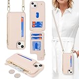 Cavor for iPhone 13 Wallet Case with Card Holder for Women,for iPhone 13 Case with Strap,Crossbody Lanyard and Wristlet Zipper Pocket Phone Cover-Cream