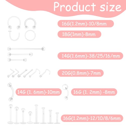 Neyauo 60 Stück Plastik Piercing Schmuck Kit für OP, Klare Acryl Piercing Retainers, Platzhalter für Nase Zunge Nippel Brustwarze Bauch Lippen Labret Septum Hoops Ohr Knorpel