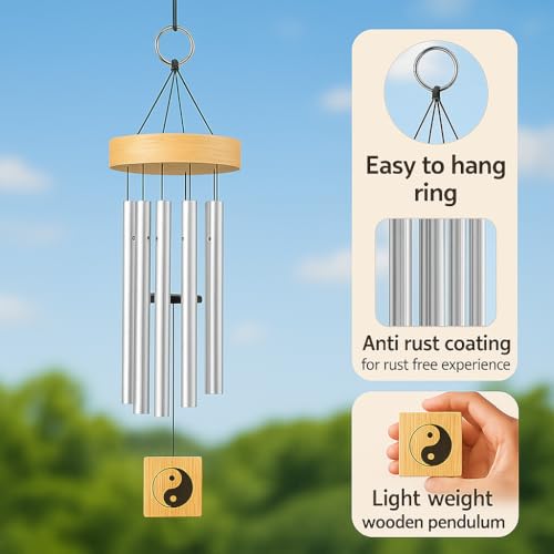 Image of 6 Pipe Wind Chimes for Home & Balcony - 28 Inch Aluminum Chime with Pleasant Soothing Tones | Positive Energy & Good Luck Outdoor Garden Decor | Housewarming Gift for Home & Patio (Silver)