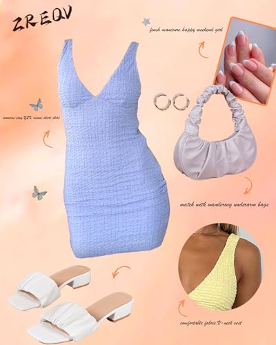 ZREQV Going Out Dresses for Women Summer 2026 Sleeveless Sexy Deep V Neck Backless Vacation Party Bodycon Mini Dress Light Blue L — view 5