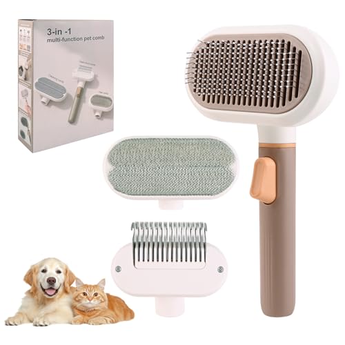 3 in 1 Katzenbürste Langhaar und Hundebürste, Vielseitiges Selbstreinigende Haarkamm, Edelstahlkamm Entfernen von unerwünschten Haaren und Entwirren Knoten, Massageborsten, Ein-Knopf-Haarentferuung