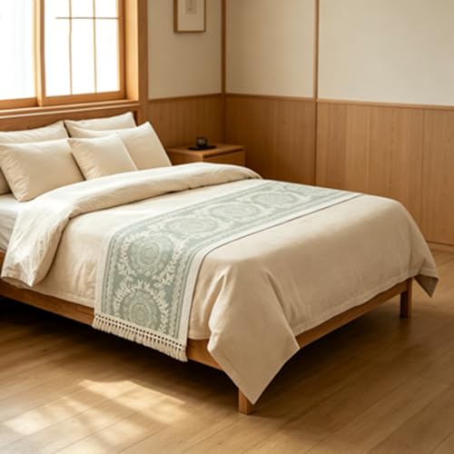 Chemin de lit imperméable 35x119 cm en polyester jacquard aspect lin avec pompons - 6