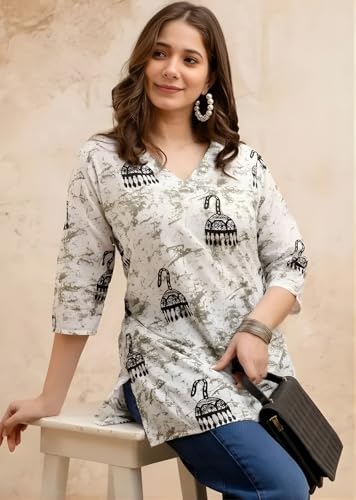 Image of Women's Cotton Printed Short Kurti, Round Neck, Three Quarter Sleeve, Straight Fit, Pack of 2