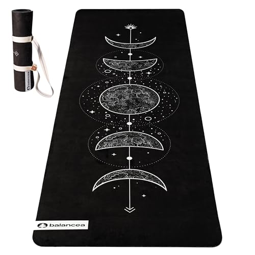 Yoga Mat With Strap 5mm Non Slip Suede & TPE - Moon Black Eco-Friendly Fitness & Exercise Mat for Home Gym, Pilates, Hot Yoga, and Meditation - Lightweight Durable 72 x 24 inch Workout Mat for Women, Men