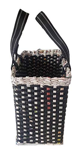 Image of Paperus, Large, Lunch Bag, Picnic Basket, Carry Bag, Handbag, Tiffin Basket for Office, Rectangular, Eco-Friendly, Handmade, of Paper Ropes, in Inch 11 H, 14 L, 7 Wide Base Black