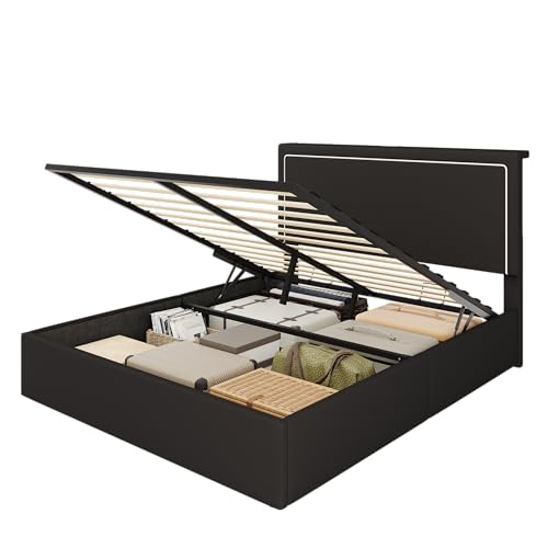 SHA CERLIN Queen Size Hydraulic Lift-Up Storage Platform Bed Frame with Charging Station, RGB LED Lights, Adjustable Velvet Headboard, USB-A and USB-C Ports, No Box Spring Needed, Black