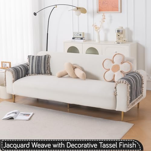 Image of HOKIPO 'Artisan Boho Series' Sofa Arm Cover with Tassel | 450 GSM Thick Cotton Acrylic Jacquard Fabric Armrest Mat Size 50x70 cm, Pack of 2, Charcoal Black (IN-899-A3*2SM)
