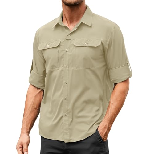 Image of mosingle Mens Long Sleeve Sun Protection Shirt UV Quick Dry Breathable Fishing Safari Shirts for Hiking Walking Travel Camping #5062-Khaki-XXL