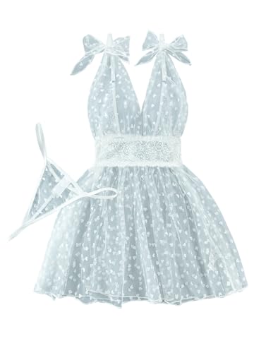 Image of Lilosy Sexy Polka Dots Mesh Sheer Lace Babydoll Chemise Lingerie Set Floral Sleep Wear