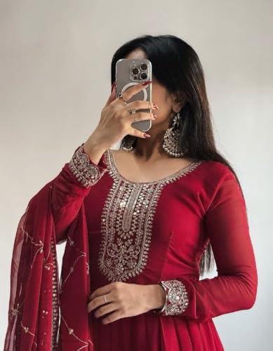 Image of Women Omkar Textile's Georgette Anarkali Gown with Dupatta Set, Embroidered, Wedding, Floor Length