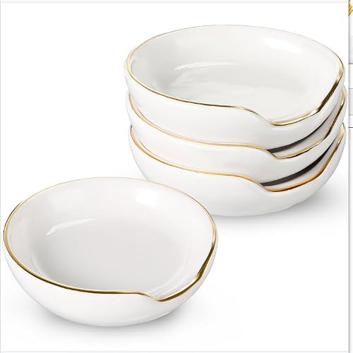 Boao 2.7 Inches Mini Ceramic Spoon Rests, Gold Rim Kitchen Spoon Rests, Mini Cooking Season Soup Holder for Stove Top Countertop, Teaspoon Rest, Coffee Stir Rest (white, 4 Pieces)