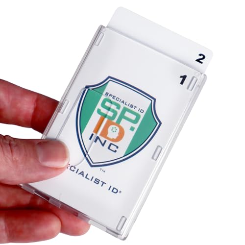 Specialist ID Heavy Duty Crystal Clear 2 Card Badge Holder - Vertical Dual Sided Holds Two Cards - Polycarbonate Rigid Plastic ID Cases with Secure Top Load