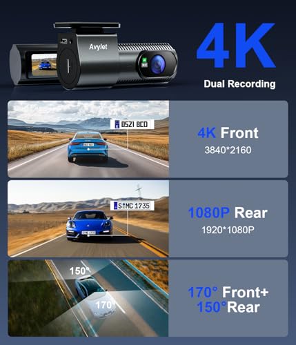Avylet 4K + 1080P Dashcam Auto Delantero Trasero, Wi-Fi/App Dual Auto Cámara con monitorización de estacionamiento, Soporta módulo GPS Externo, Super visión Nocturna, WDR, 170°+150° Gran Angular - imagen 3
