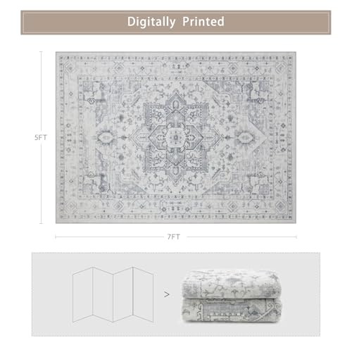 Area Rugs 5x7 Washable Area Rugs for Living Room- Ultra Soft Non-Shedding Faux Wool Bedroom Rug Grey Vintage Print Rugs Non Slip Dining Room Rugs Large Floor Carpet for Farmhouse Home Office