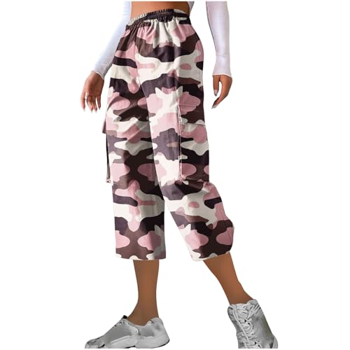 Womens Plus Size Cargo Capris Fashion Camouflage Elastic Waist Straight Leg Loose Sporting Capri Pants with Pockets