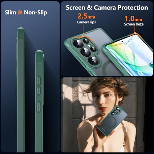 Image of OWKEY Samsung Galaxy S25 Ultra Case 6.86'', Magnetic S25 Ultra Case for Magsafe with Tempered Glass Screen, [Shockproof Military] Translucent Back Slim Bumper Cover Phone Case Galaxy S25 Ultra, Green