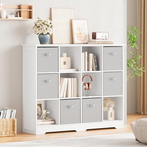 Image of 12 Cube Storage Organizer Shelf, Wood Cubby Storage with 6 Fabric Drawers, 3 Tier Wooden Bookshelf with 2 Adjustable Shelves & Fluted Side Panels for Bedroom, Living Room, Home Office, Whtie