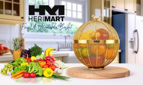 Image of Golden Premium Fruit Basket for Dining Table, Gold Fruit Basket with Lid & Bird Top, Decorative Fruit Basket for Kitchen Countertop, Fruits, Vegetables & Snacks
