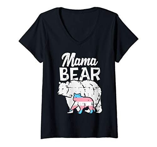 Womens Mama Bear Transgender Trans Pride Flag Transexual LGBT Gift V-Neck T-Shirt
