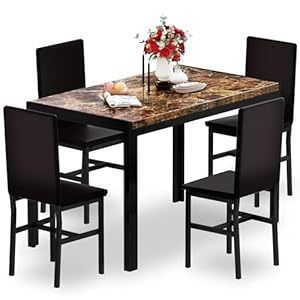 DKLGG Dining Room Table Set for 4, Modern Faux Marble Dining Table Set with 4 Leather Chairs for Small Space, Home Kitchen, Apartment, Brown & Dark Brown