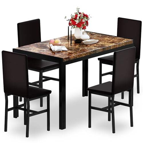 DKLGG Dining Room Table Set for 4, Modern Faux Marble Dining Table Set with 4 Leather Chairs for Small Space, Home Kitchen, Apartment, Brown & Dark Brown