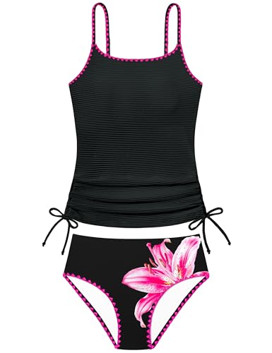 Image of Girls Tankini Swimsuit 2 Piece Set Unique Edge Girl Bathing Suit with Drawstring + Swim Briefs Swimwear Set for 9-16Y