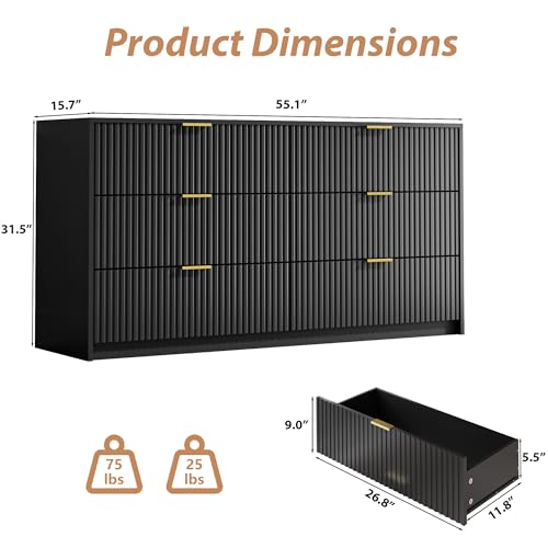 Image of MAISONARIA Black 6 Drawer Dresser for Bedroom, 55 inch Wide Modern Chest of Drawers with Gold Metal Handles, Fluted Wood TV Stand for Living Room, Hallway