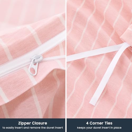 Image of Wake In Cloud - Striped Cotton Duvet Cover Set, Ticking Stripe Vertical Pinstripe Farmhouse, 100% Washed Cotton Textured Bedding Set, 3 Pieces, Pink, Full Size
