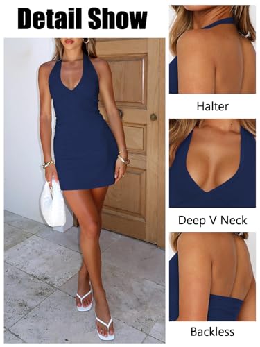 Image of Women's Sexy Halter V Neck Mini Dress for Women Summer Slim Fit Going Out Club Party Bodycon Short Dresses