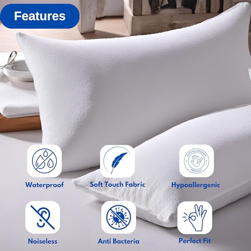 Zaprus 2 Pillow Protectors, Premium Quality Waterproof 100% Soft Cotton Queen Size Pillows Case Cover for Complete Hygiene