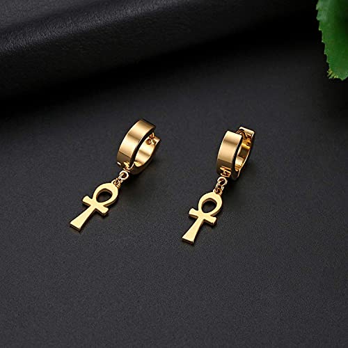 Ankh Cross Earrings for Men Women, Stainless Steel Egyptian Symbol Stud Earrings Dangle Hinged Piercing Hoop Earrings2