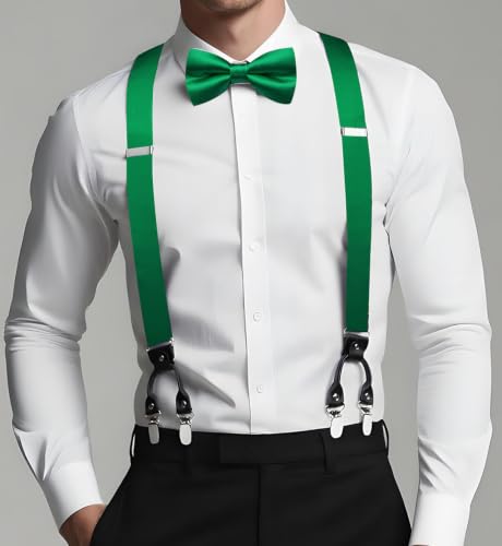 Image of Dubulle Suspender and Bow Tie for Men Paisley Solid Mens Suit Braces Pretied Bowtie and Handkerchief Cufflinks Formal Wedding
