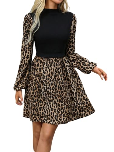 GORGLITTER Damen Kleid Elegant Herbstkleid A Linie Langarmkleid Kurz Freizeitkleid Leoprint Kleider 2 in 1 Partykleid Stehkragen Minikleid Leoparden M