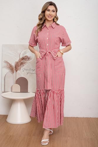 Image of utcoco Women's 2026 Summer Casual Striped Button Down Maxi Dress Tie Waist Short Sleeve Shirt Dress with Pockets