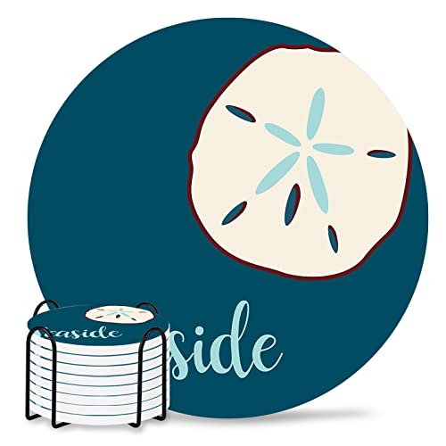 Absorbent Coaster Ceramic Stone Set of 8 with Cup Holder,Seaside Coastal Beach Conch Table Drink Coasters Cork Base Sea Shell on Blue Cup Place Mats for Holiday Party Family Dining