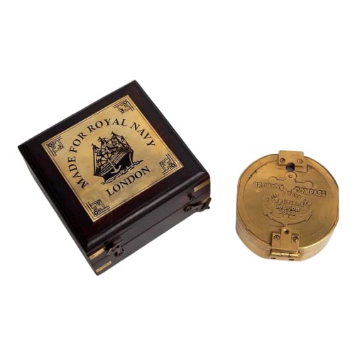 Brújula náutica antigua de latón CALIF INTERNATIONAL con caja de madera, modelo CI_Pocket Compass-3, portátil y resistente al agua, diámetro aproximado 3 pulgadas