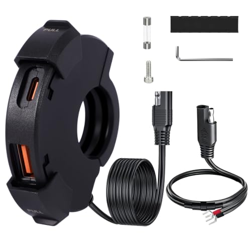 Vexnaro Cargador USB para Moto 48W, Toma USB-C 12V/24V con 2 Puertos QC3.0 y PD Tipo-C, Carga Rápida Impermeable IP65, Adaptador para Manillar, Teléfono, GPS, ATV y Triciclos