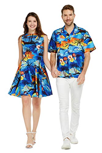 Couple Matching Hawaiian Luau Cruise Outfit Shirt Vintage Fit and Flare Dress Sunset with Dolphin