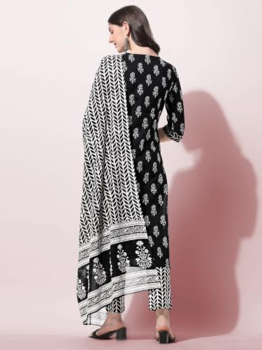 Image of MIRCHI FASHION Women's Straight Fit Pure Cotton Embellished Floral Printed Kurta Set with Dupatta and Trouser