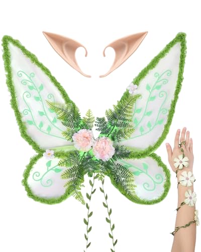 RENEMEGO Green Fairy Wings Costume - 3 PCS Elf Ears Butterfly Wings with Leaves and Flower Flower Arm Wrap Mother Nature Costume Renaissance Renfaire Dress Up Fairycore Fantasy Accessories