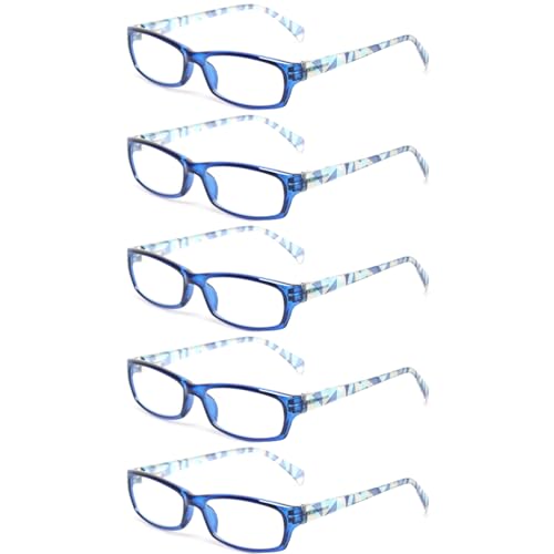 Image of Kerecsen Reading Glasses 5 Pairs Fashion Ladies Readers Spring Hinge with Pattern Print Eyeglasses for Women (Blue, 3.0, x)