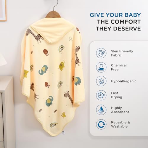 Image of Mee Mee Hooded Baby Bath Towel for New Born | Wash Cloth, Quick Absorbent, Used for Baby Swaddling, Extra Soft Cotton Towel for Kids /Toddlers /Infants /Babies, Pack of 1, (Orange Deer /Elephant) 80X80 CM