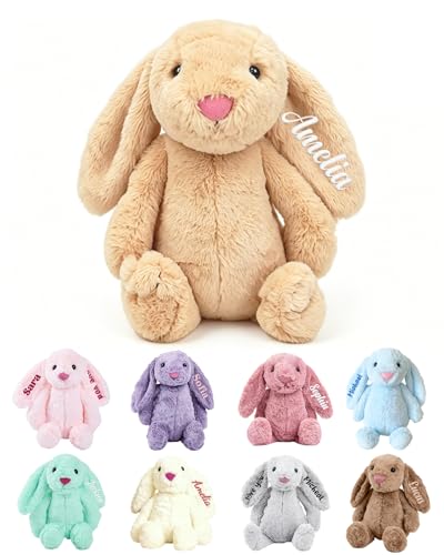 BUGMKCS Personalized Embroidered Plush Bunny with Child's Name Easter Bunny Stuffed Animal for Girl Boy, Handmade Custom Plush Rabbit Toy for Toddler, Kids Baby Shower Birthday Gift for Newborn