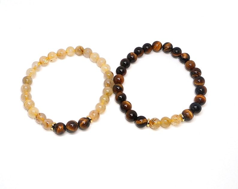Tigers Eye & Rutilated Quartz 8mm Round Smooth beads Long Distance Couples Love Friendship Combo Bracelet Set - Couples Relationship Stretchable Bracelets set|BRCP_VG_2974